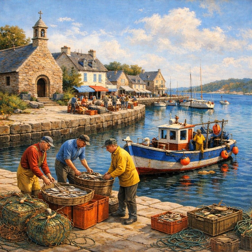 Fishermen working with nets beside boats in a sunny coastal village harbor with stone chapel