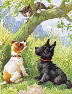 Two puppies sitting in grass looking up at a kitten in a tree branch, vintage painting style