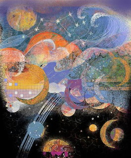 Abstract cosmic painting with colorful swirling orbs, spirals, and celestial patterns in orange, blue, and purple hues