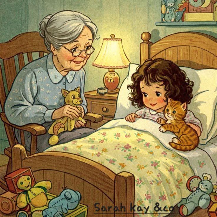 Grandmother sitting beside granddaughter in bed with stuffed animals in cozy bedroom illustration