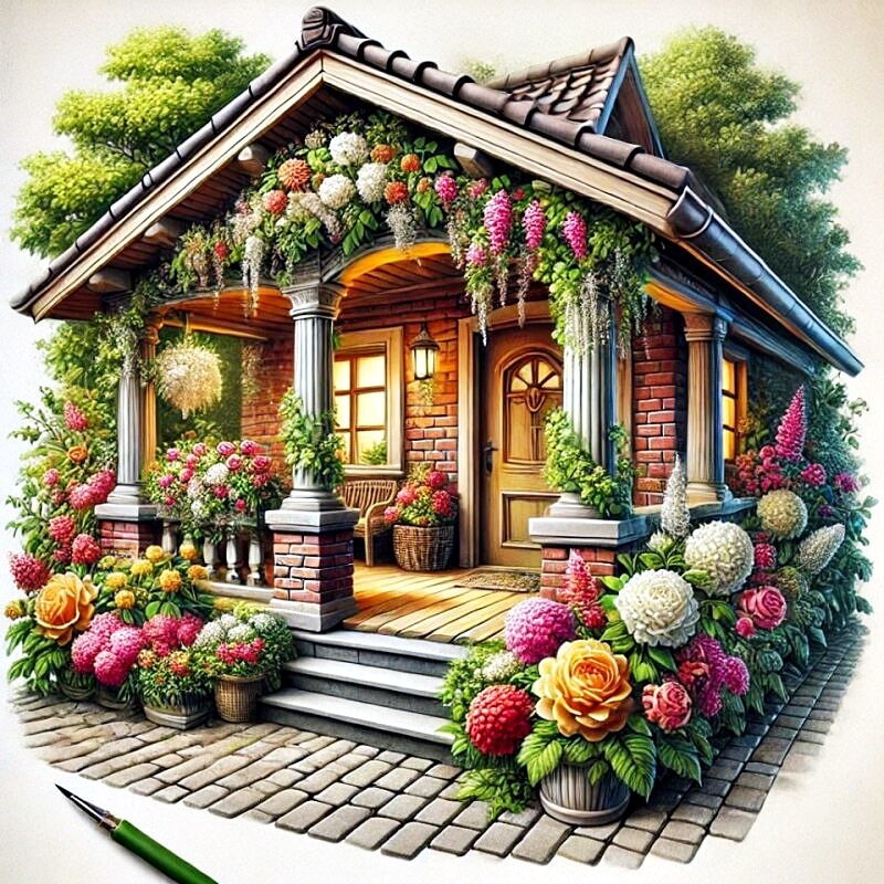 Small cottage with columns and colorful flower garden surrounding entrance