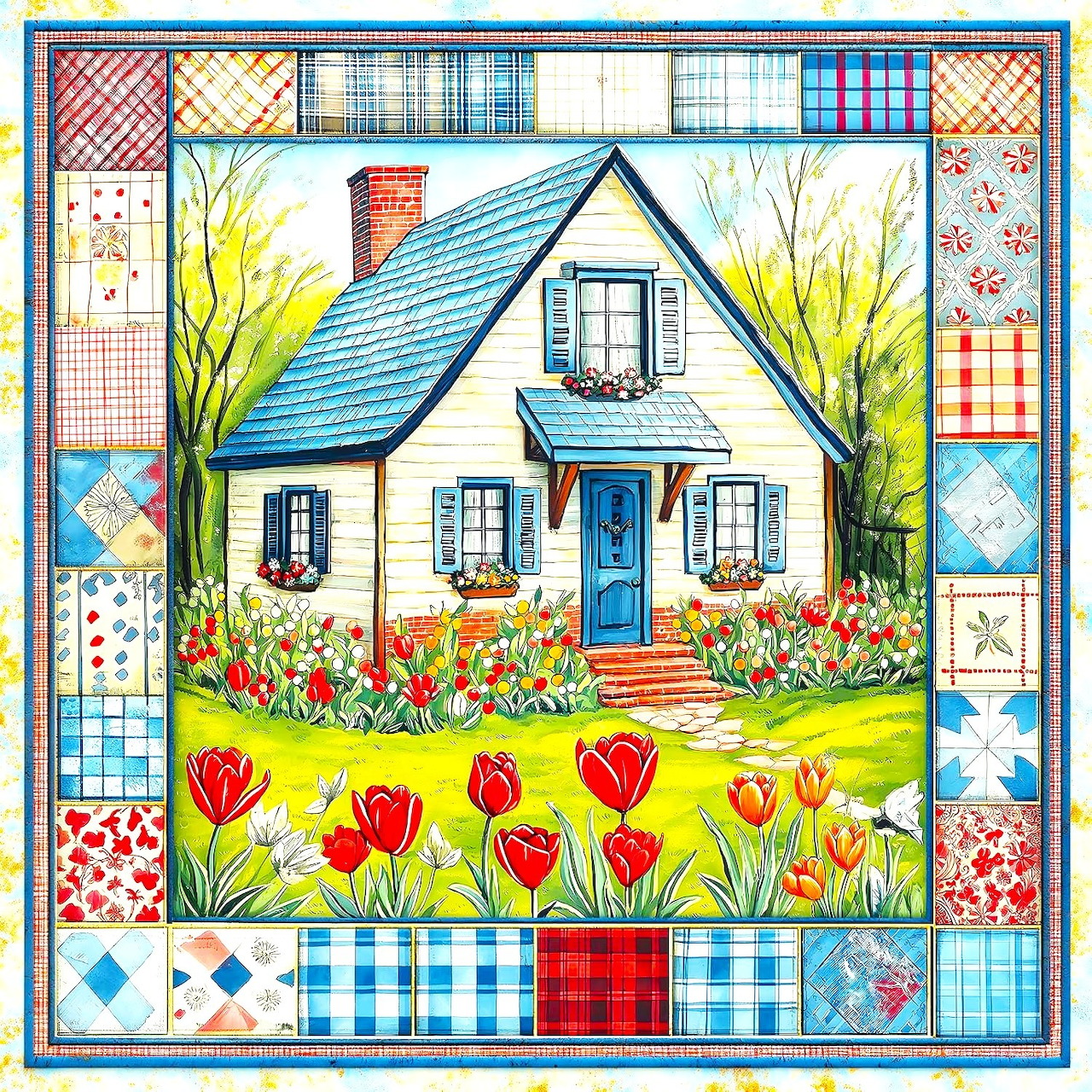 White cottage with blue shutters and tulip garden, surrounded by patchwork quilt border with floral and checkered patterns