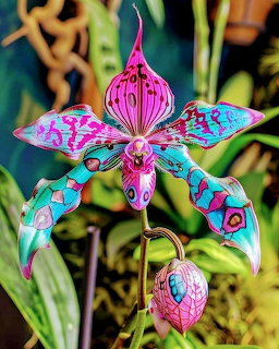 Colorful stylized orchid with pink and turquoise petals featuring intricate patterns