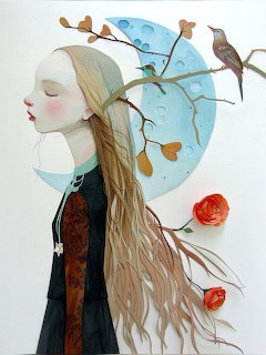Illustration of a girl in profile with long hair, branches, birds, roses, and a blue moon