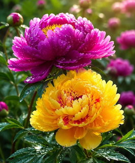 Close-up of bright pink and yellow peony flowers with water droplets on petals and green leaves