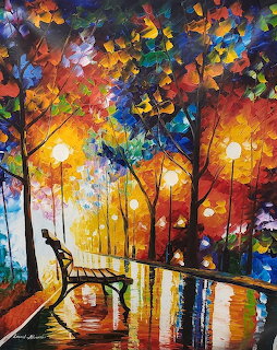 Colorful impressionist painting of park bench under glowing streetlights on rainy autumn evening with vivid reflections
