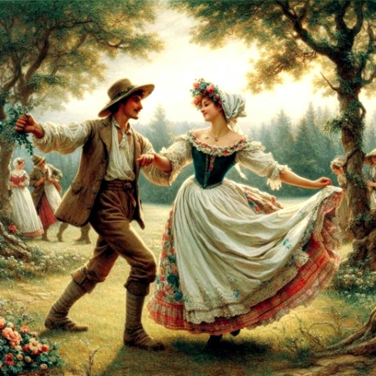 Romantic painting of man and woman in folk costumes dancing in countryside setting with onlookers