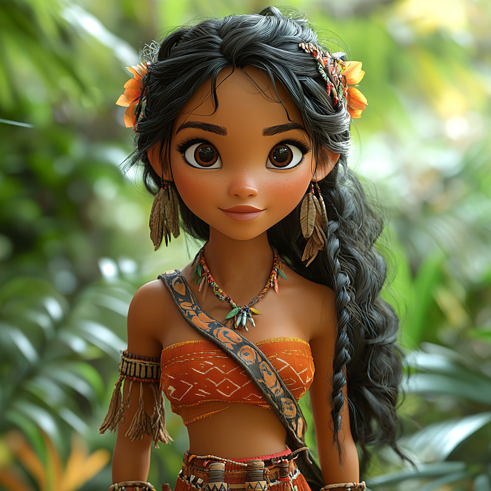 Animated girl with long dark hair, flowers, and tropical clothing in a jungle setting