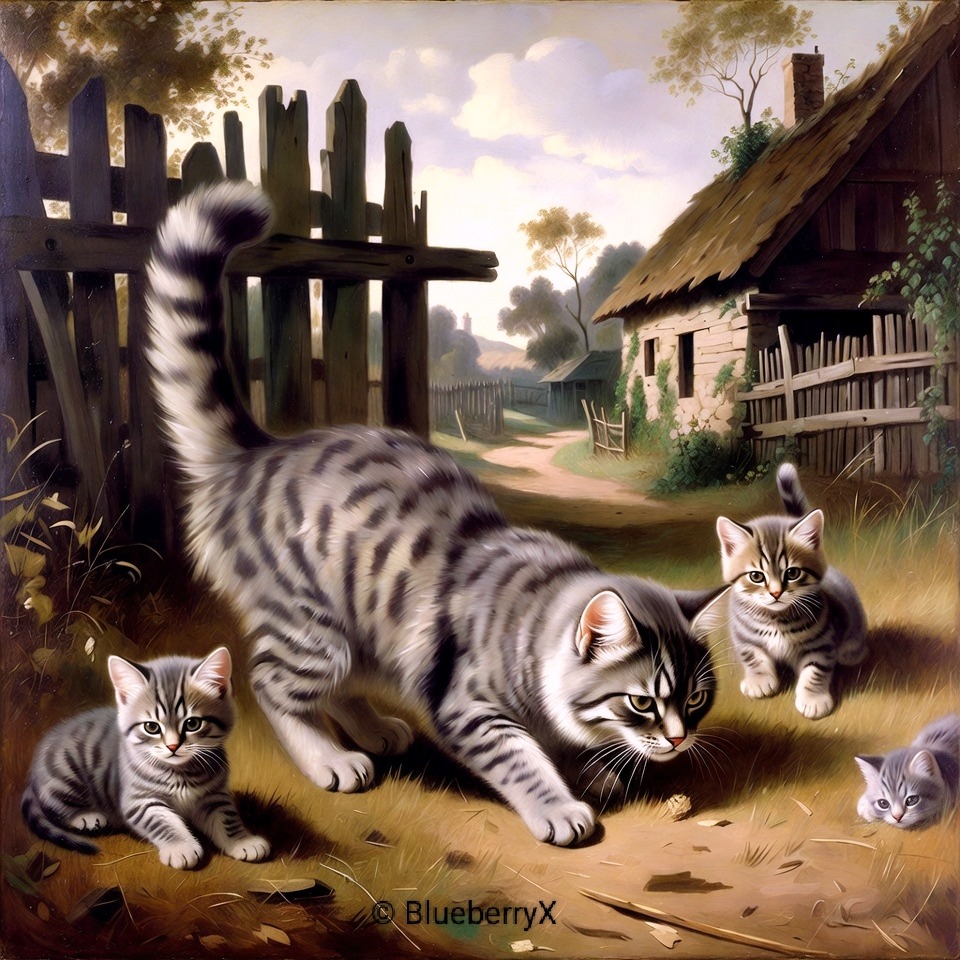 Tabby cats and kittens playing near a thatched cottage and wooden fence in a rural village scene