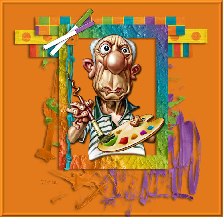 Colorful caricature of an artist holding a paint palette and brush in an orange framed design