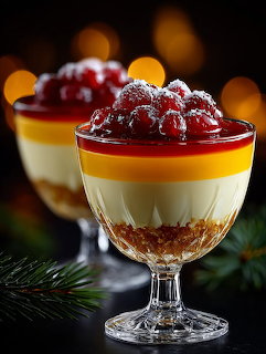 Layered dessert in glass cup with cream, nuts, berry topping and powdered sugar