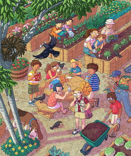 Cartoon illustration of children playing and working together in a community garden with raised beds and flowers