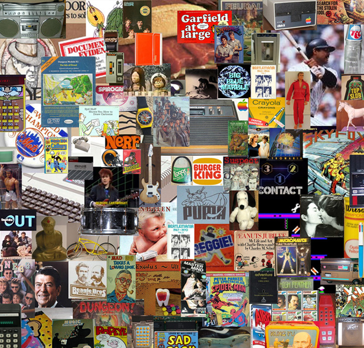 Collage of vintage American ads, logos, comic strips, and pop culture items densely layered together