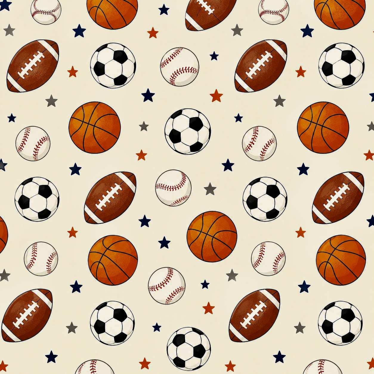 Pattern of basketballs, soccer balls, footballs, baseballs, and stars on a cream background
