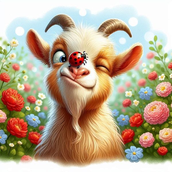 Cute cartoon goat with a ladybug on its nose surrounded by colorful flowers