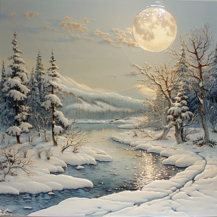 Painting of a snowy winter river with frosted trees and a large full moon