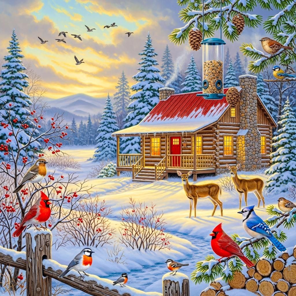 Snowy log cabin with glowing windows, deer, and colorful birds in a winter forest scene