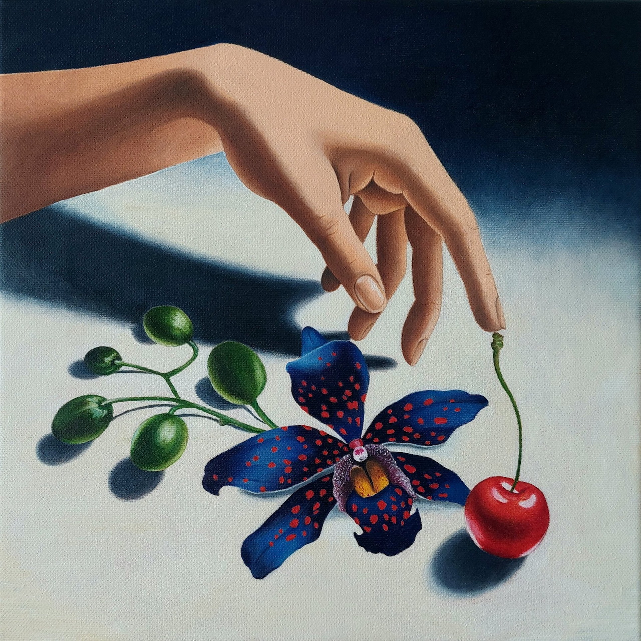 Painting of a hand above a blue flower, green leaves, and a red cherry on a white surface