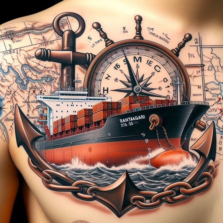 Tattoo illustration of a cargo ship with anchor, chain, compass, and map on bare skin