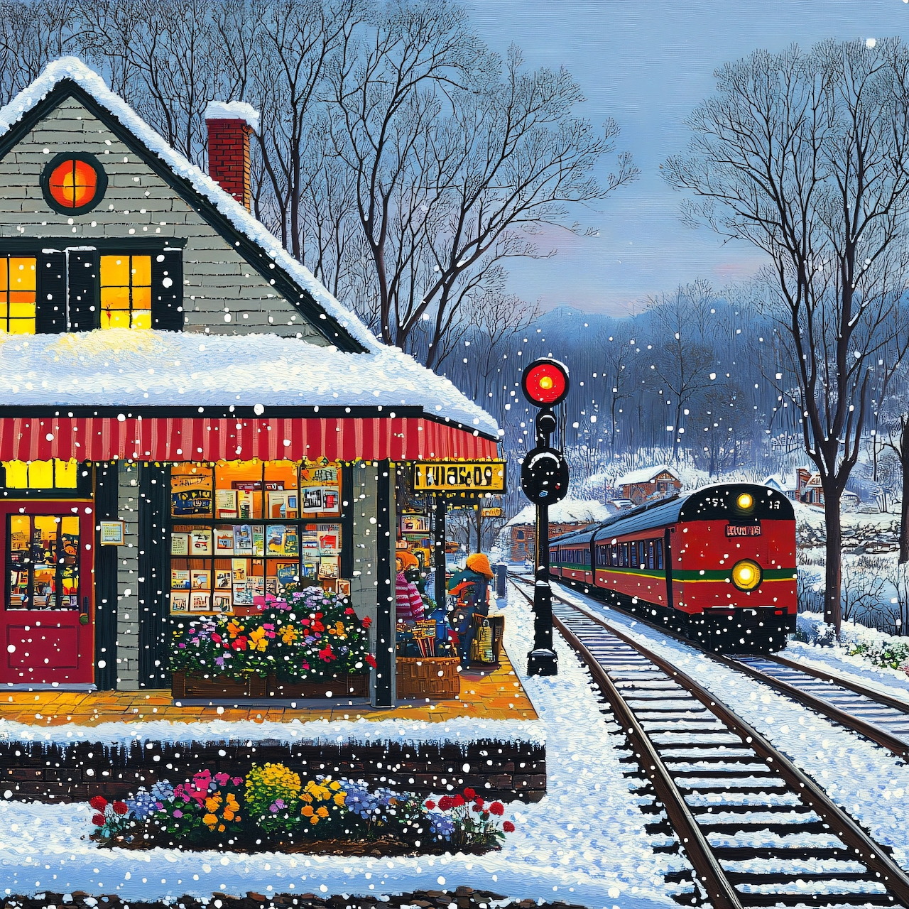 Snowy train station with red locomotive, decorated building, winter evening scene