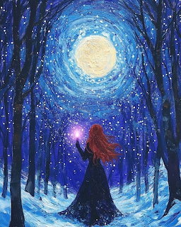 Woman in cloak holding light in snowy forest under swirling starry night sky with full moon