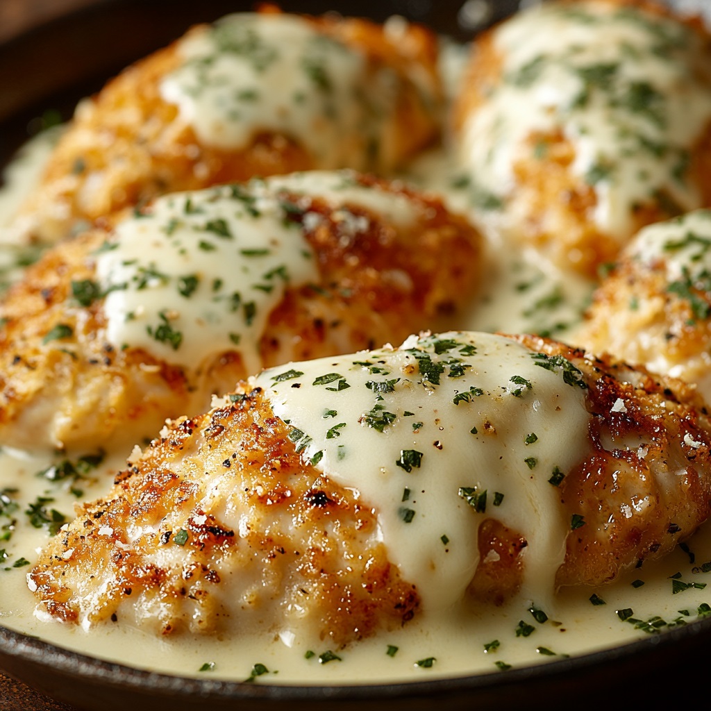 Parmesan crusted chicken breasts with white sauce and herbs on plate