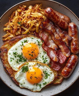 Breakfast plate with two fried eggs, bacon strips, sausages, and hash browns