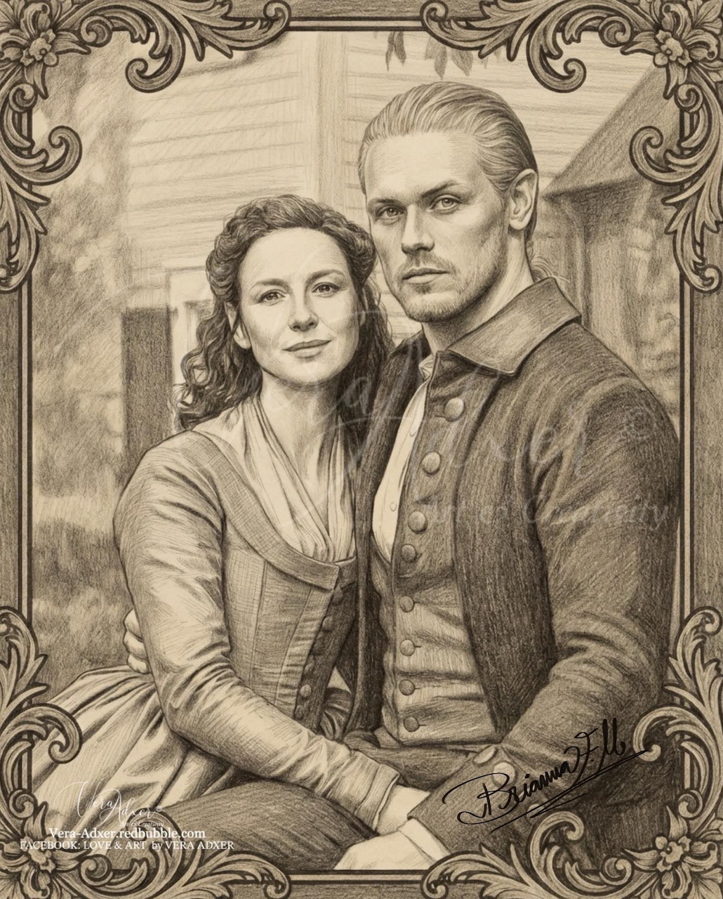 Sepia illustration of a seated man and woman with ornate decorative border