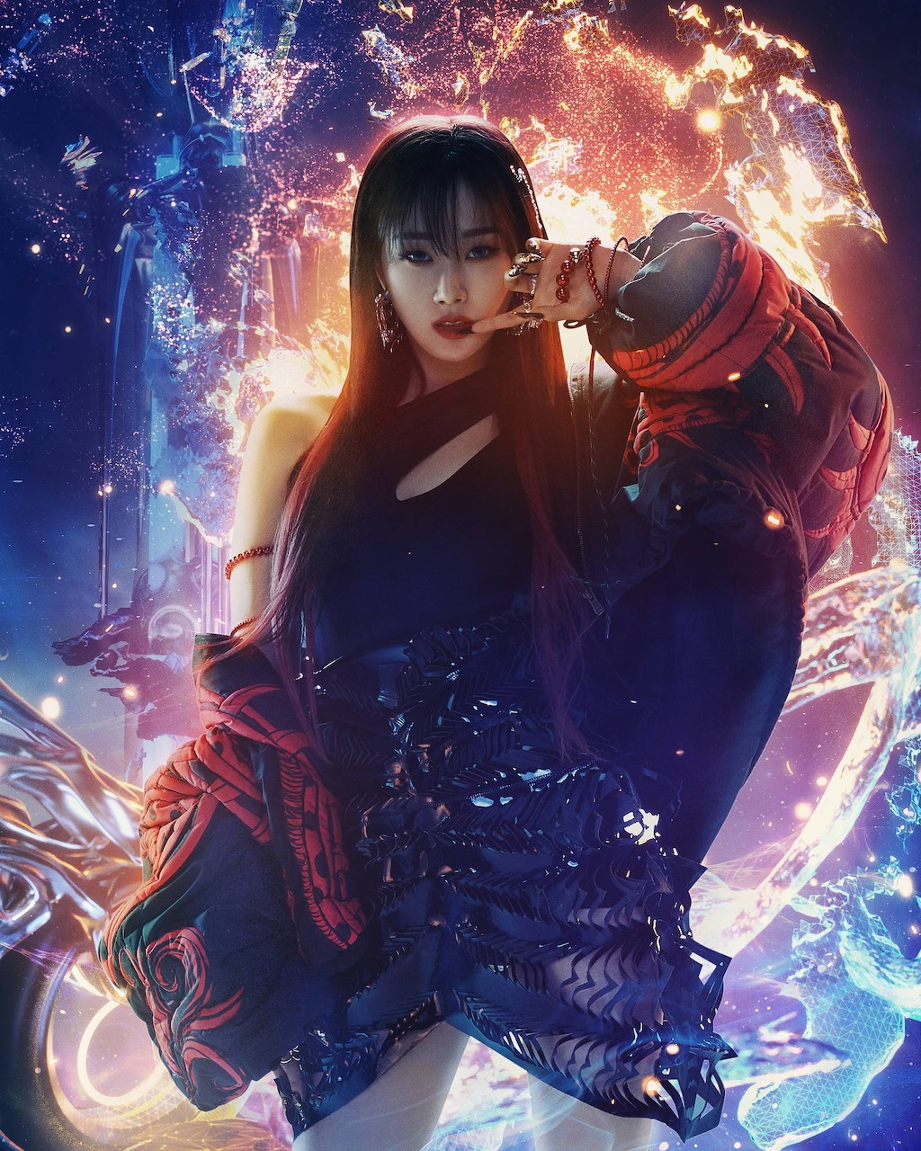Aespa's Giselle posing in a red and black outfit surrounded by glowing fire and fantasy light effects
