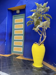 Pale blue door with yellow panels beside a leafy plant in a yellow vase against a vivid blue wall