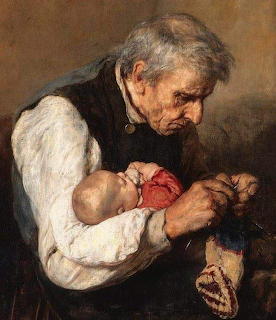 Oil painting of elderly woman in white blouse and dark vest lovingly holding a baby wrapped in red and white cloth