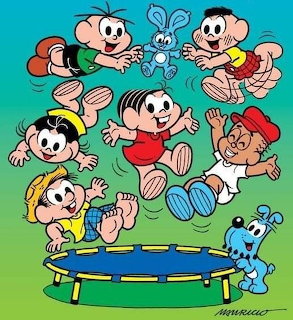 Cartoon children bouncing on blue trampoline with turquoise background