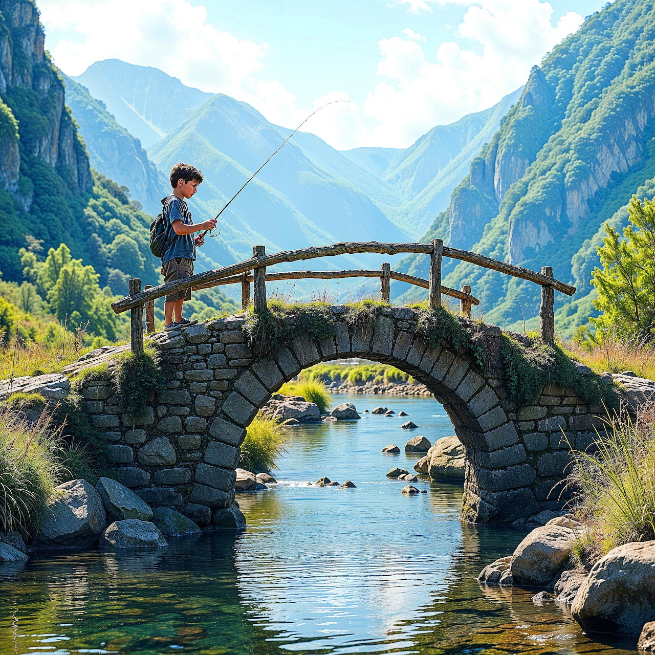 Boy with fishing rod standing on arched stone bridge over calm river in mountain valley
