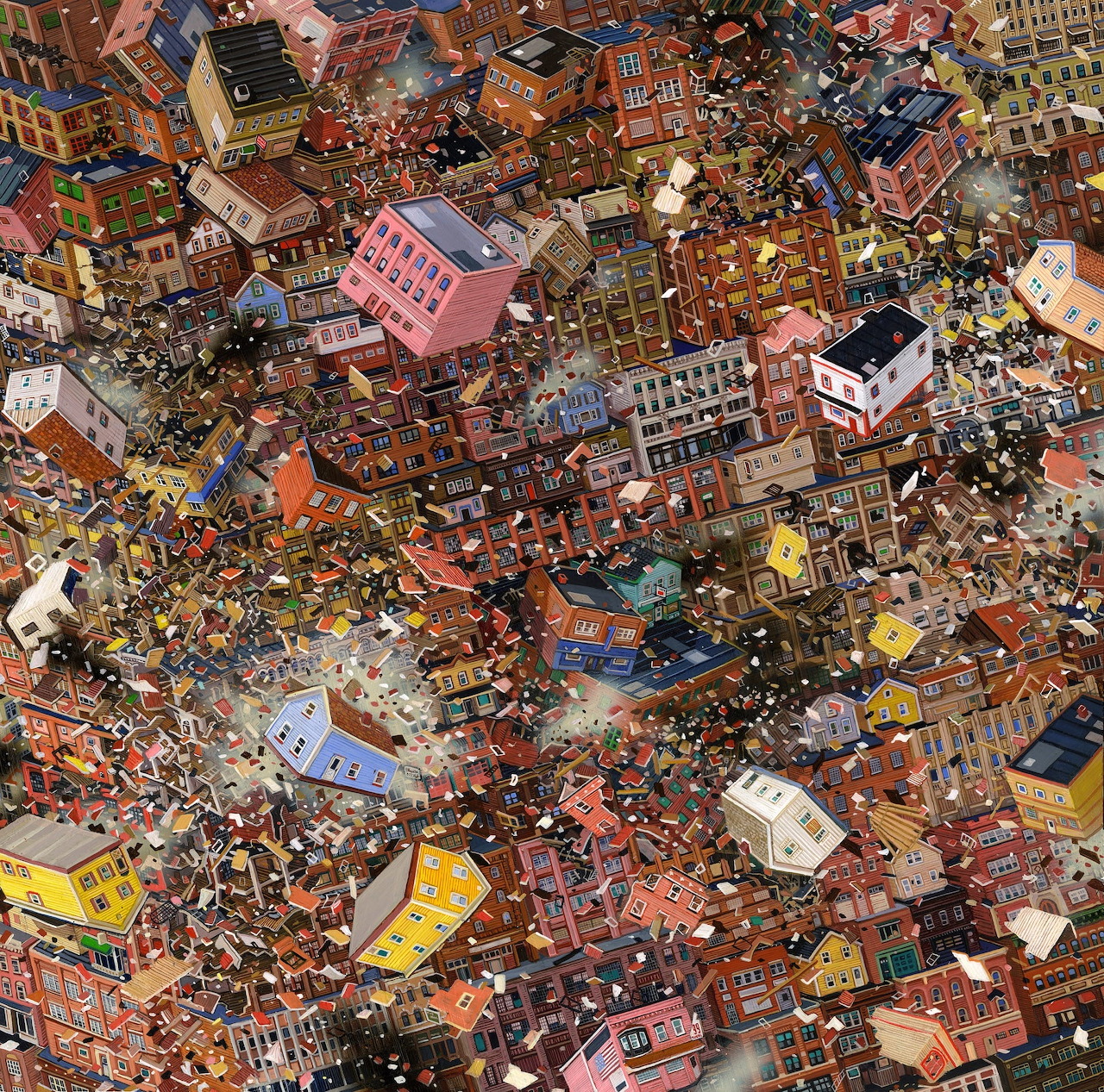Densely layered collage of miniature buildings and city elements from aerial view creating chaotic urban pattern