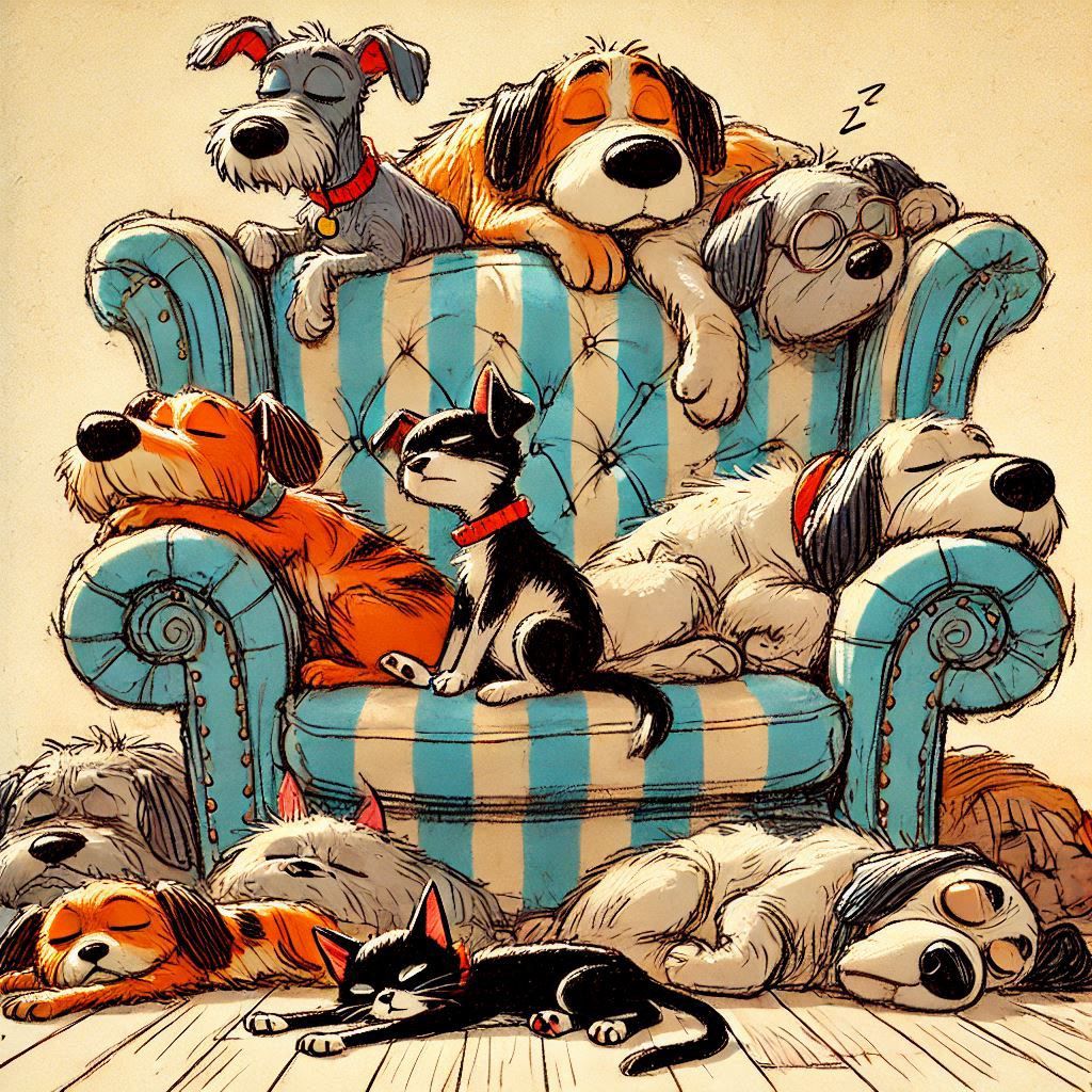 Illustration of several sleeping dogs lounging on and around a blue striped armchair