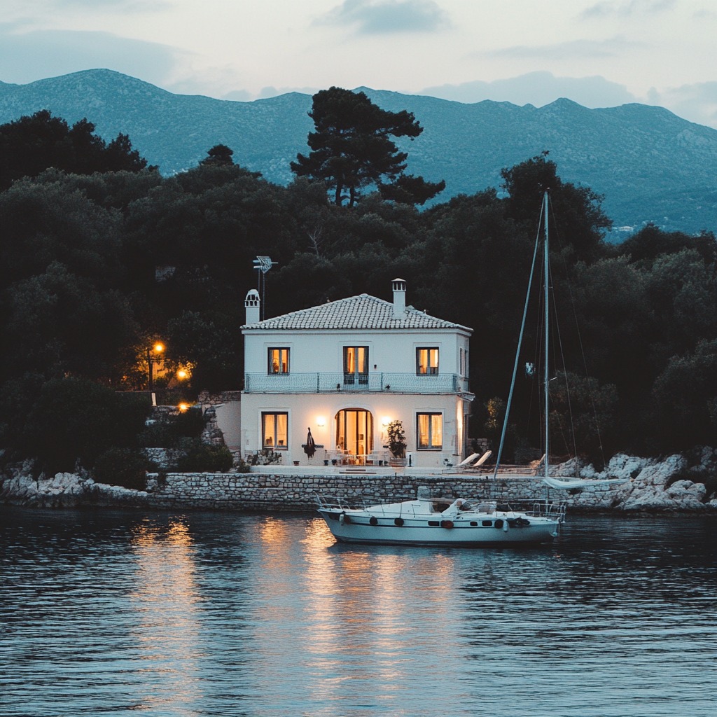 White waterfront house at dusk with a sailboat, calm water, and mountains behind