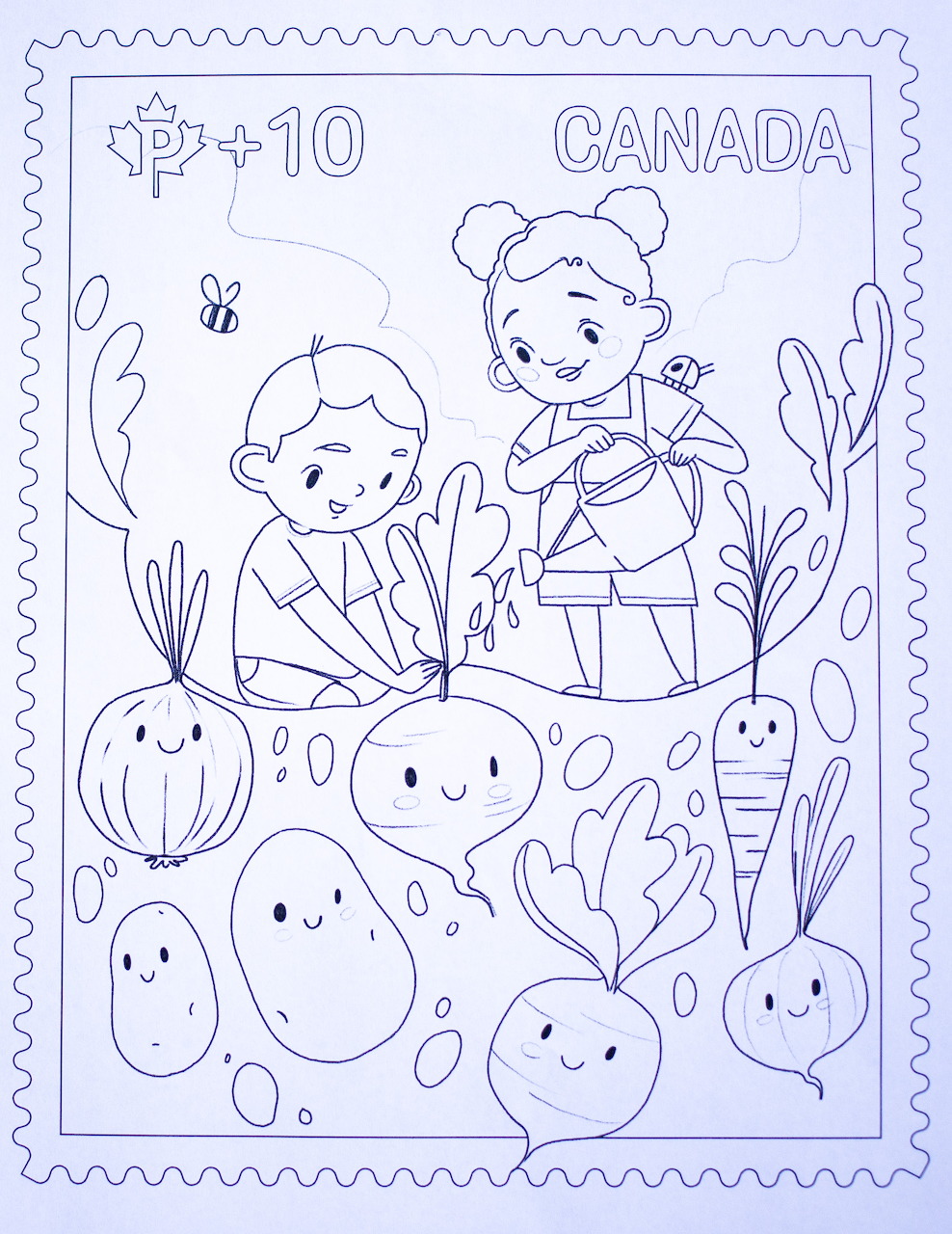 Line drawing of two children gardening with vegetables, designed as a Canada Post coloring page
