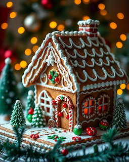 Festive gingerbread house decorated with white icing and candy canes surrounded by small evergreen trees