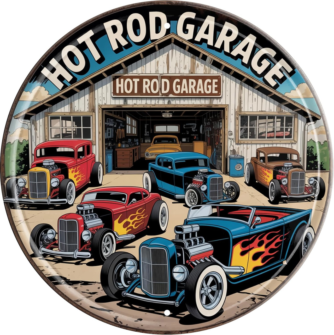 Illustration of colorful hot rod cars around a vintage garage in a circular sign