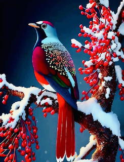Vibrant red and blue bird perched on snowy branch with red berries