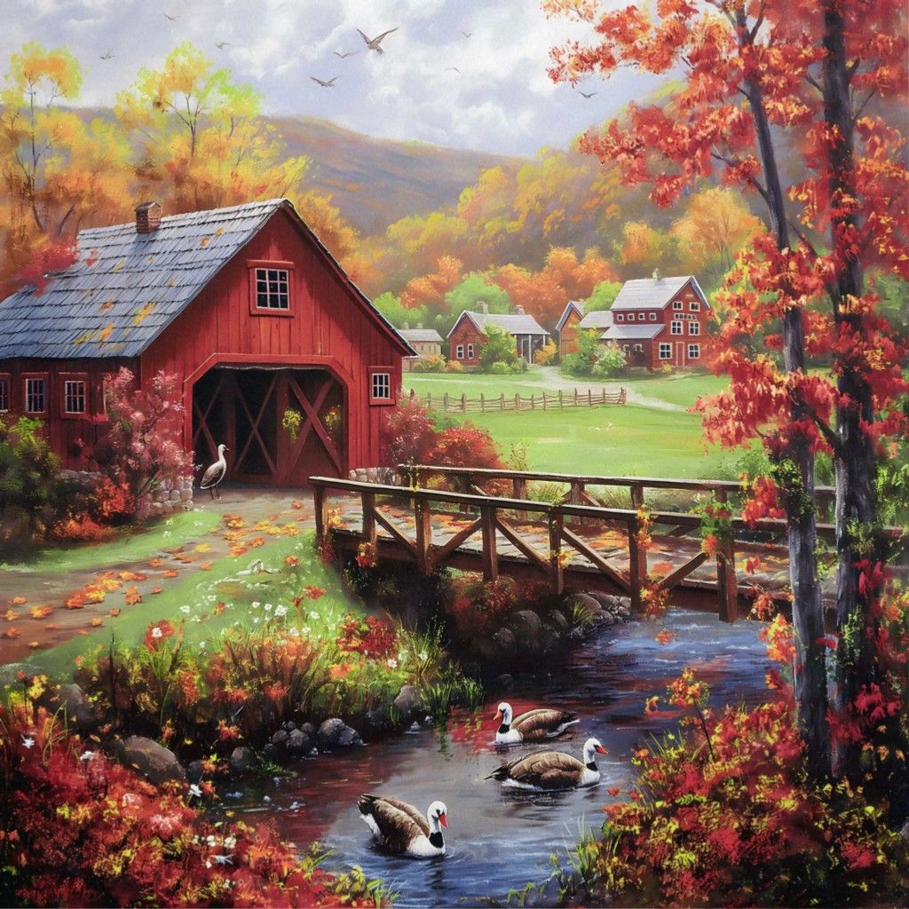 Red covered bridge over stream in autumn with colorful fall trees, ducks swimming, and rural buildings in background