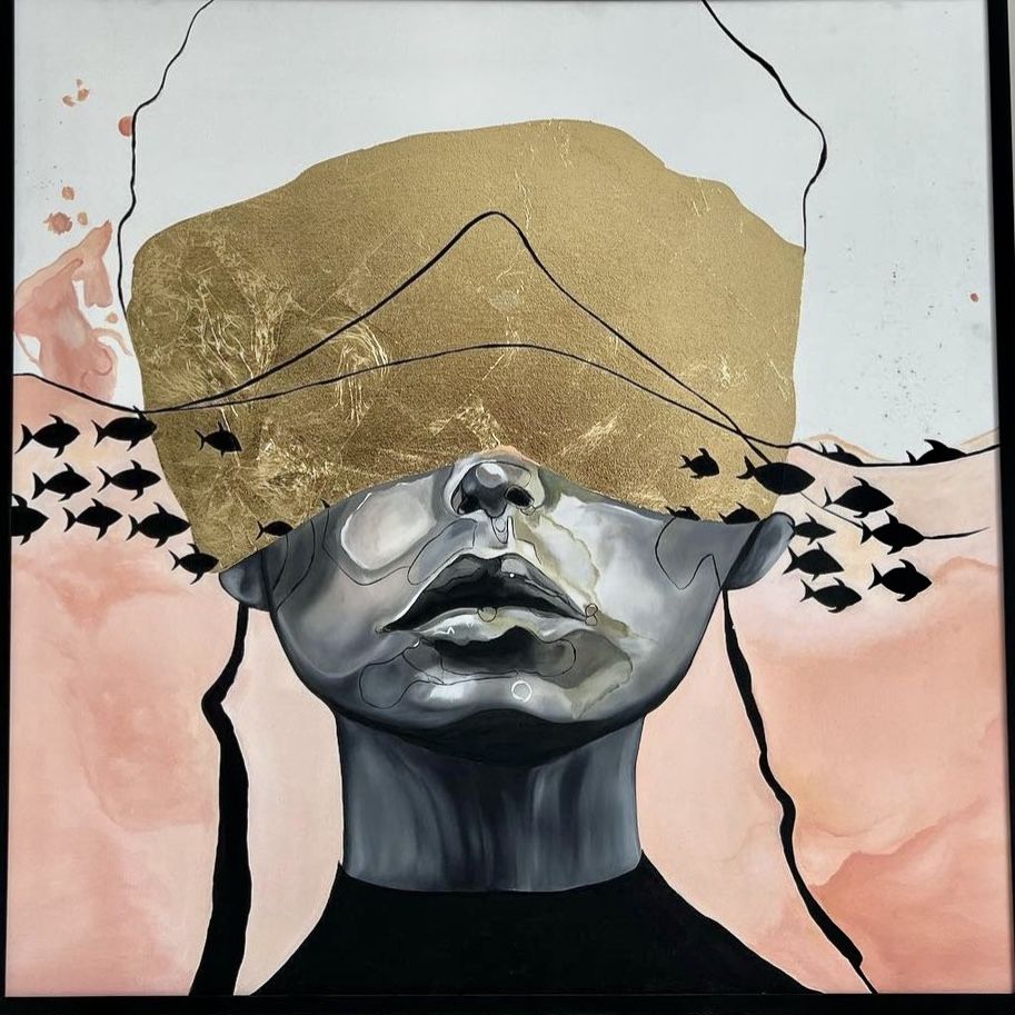 Surreal portrait of woman with tilted head wearing golden geometric blindfold and black and white checkered band