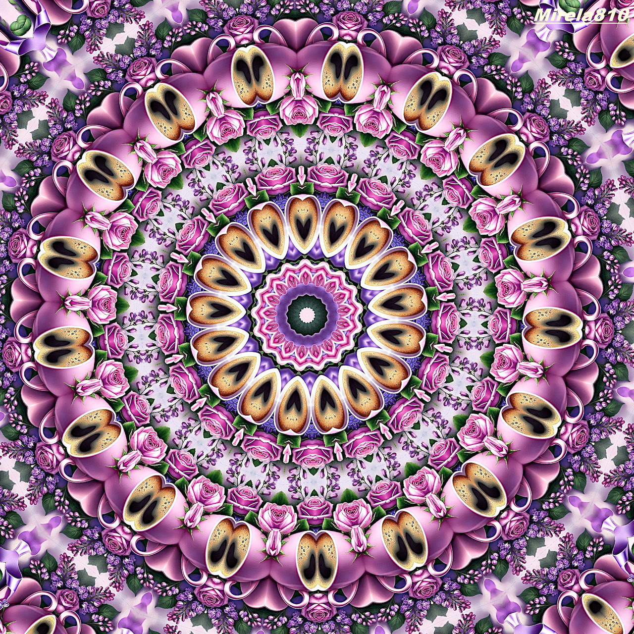 Symmetrical purple and gold mandala with ornate concentric circular patterns on white background