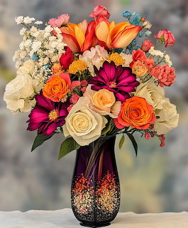 Colorful mixed flower bouquet with roses, daisies, and tulips in an ornate dark vase against blurred background