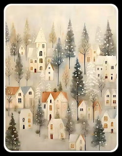 Illustrated winter village with small houses and tall trees in soft neutral colors
