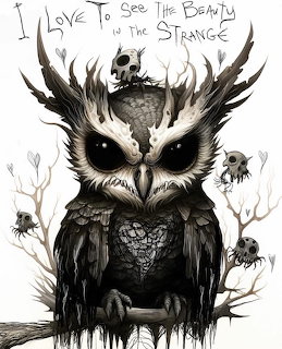 Dark gothic illustration of a stylized owl with skuls and bare branches, with inspirational quote text