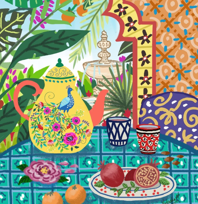 Colorful illustrated tea table with floral teapot, cups, fruit, tiles, and patterned Spanish-style decor