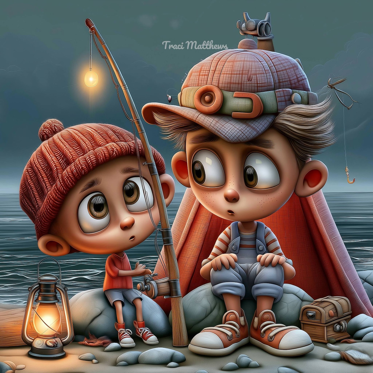 Two cartoon children sit by a tent near the water with a fishing rod and lantern