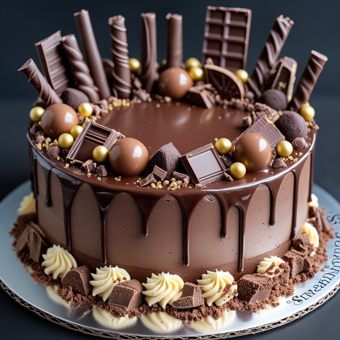 Chocolate drip cake topped with wafer rolls, chocolate bars, truffles, and cream swirls