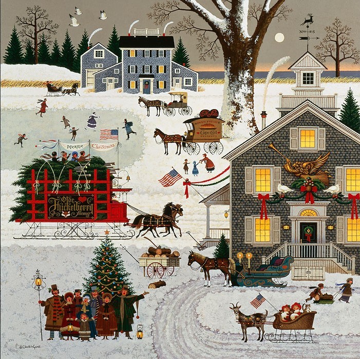 Folk art painting of a snowy Christmas village with horses, sleighs, decorated buildings, and festive activities